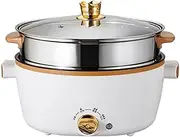 Electric Hot Pot with Steamer, Non-Stick Sauté Pan, Multi-Function Portable Travel Cooker for Ramen/Steak/Fried Rice/Soup, with Dual Power Control,24cm,White