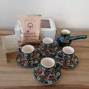 Turkish Ceramic Espresso Cups and Saucers Set with Pot and Turkish Coffee Gift