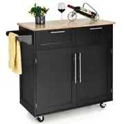 Costway Kitchen Island Trolley Serving Cart Rolling Storage Cabinet w/Rubber Wood Top/Towel Rack/Drawer, Black