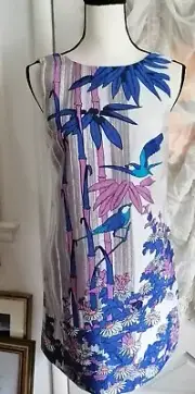 NWT Tibi shift dress Silk Linen Lined sleeveless Bird floral Button Back Size 2