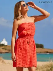 Sosandar Pink Broderie Shirred Waist Bandeau 100% Cotton Dress (E68433) | $127