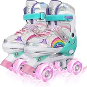 Children's Roller Skates for Girls, Boys and Beginners, 4 Sizes, Adjustable, Rainbow with Luminous Wheels, Quad Skates, Suitable for Indoor and Outdoor Use