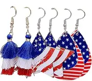 [COLORFUL BLING] Cute 4th of July Teardrop Faux Leather Dangle Earrings Red White Blue Layered Tassel Earrings Heart Star American Flag Wooden Drop Earring Independence Day Patriotic Jewelry Gifts