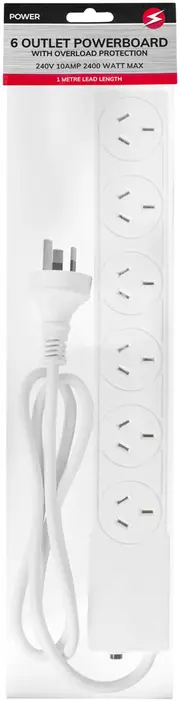 6 Way Socket Outlet PowerBoard PowerPoint Plug 1M 240V 10AMP SAA AU Standard