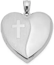 [JewelryWeb] 925 Sterling Silver Textured Holds 2 photos Polished and satin 24mm With Religious Faith Cross Design Love Heart Locket