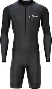 [Sikma] Men’s Full Sleeve Skinsuit Breathable Mesh Triathlon Padded with Hi Viz Reflection and Power Band Leg Grippers Trisuit (Large, Black, One Size)