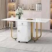Folding Tables, Foldable Kitchen Table with Cupboard and 2 Drawers, Space-Saving Dining Table with 4 Supporting Legs On Gliders(Gold)