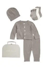 barefoot dreams CozyChic® Lite Classic Cardigan, Pants, Socks, Beanie & Suitcase Set in Pewter at Nordstrom One Size