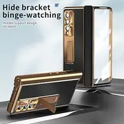 Phone Case Plating Leather Case For Samsung Galaxy Z Fold 6 Z Fold 5 Z Fold 4 Fold 3 Magnetic Kickstand with Pencil Holder(without Pen) Carbon Fibe Screen Prot