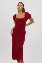 Red Maxi Dress Puff Sleeve Burn Out - Size 16XL, Women's Maxi Dress