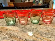 Set of 4 Crate & Barrel Swirl Green And Red Votive Candle Holders New w/ Sticker