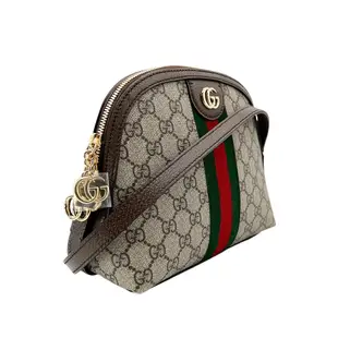 GUCCI 經典Ophidia系列 綠紅綠織帶斜背貝殼包(499621-棕)