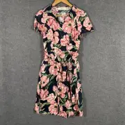 Jacqui E Dress Womens 6 Pink Black A Line Linen Midi Formal Evening Coastal NEW
