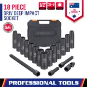 18-Piece SAE Impact Deep Socket Set Imperial 1/2" Extension Bar Flexible Adaptor