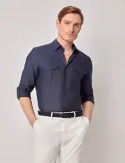 Hawes & Curtis Navy Pure Linen Slim Safari Shirt Size: XXL