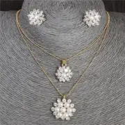 Austrian Crystal Necklace Earrings - White Snowflake Imitation Pearl Jewelry Set