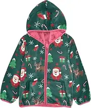 [GuoChe] Girls Sherpa Lined Hoodie Merry Christmas Santa Claus Deers Snowflakes Green Toddler Girl Light Jacket pink Zip Hooded