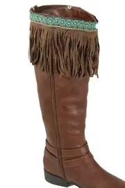 Western Women Boot Toppers Pair Brown Long Faux Leather Fringes Turquoise Beads