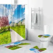Bathroom Shower Set Winter Mountain Theme Waterproof Curtain, Non-Slip Bath Mat