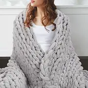Chunky Knit Blanket, 50"x 60" Soft Throw Blanket, Cute Rope Knot Crochet Throw Blankets, Comfortable & Breathable, Chenille Throw Blankets for Couch Bed (Gray)