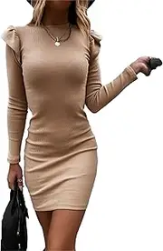 [Generic] Women's Round Neck Slim Dress Long Sleeve Solid Color Bodycon Frock Fall Winter Mini Pencil Tight Short Dresses