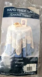 Beige 45" Hand Made Lace Crochet Topper Colonial Square End Table Throw Vintage