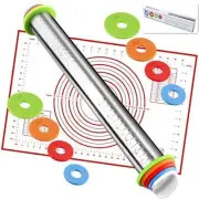 Rolling Pin and Silicone Baking Pastry Mat Combo Kit with Thickness Rings