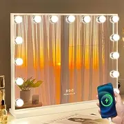 FENCHILIN Vanity Mirror Tempered Glass Makeup Mirror with Lights 15 LED Dimmable Bulbs Hollywood Mirror with USB Charging Port 10X Magnification 3 Color Modes White