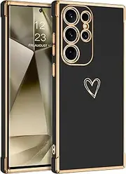 [GUAGUA] for Samsung S24 Ultra Case, Galaxy S24 Ultra case Luxury Electroplate Edge Bumper Cute Heart Pattern Cover Women with Camera Protection & 4 Corners Shockproof Protection Phone Case 6.8" Black