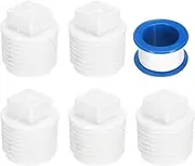 uxcell 5Pcs 1/2 Inch PT Male Thread PVC Pipe Fitting Plug, Cleanout Plugs, Water Drain End Caps Coupling Adapter with Tape for Water Heater Supply Lines, Plumbing, White