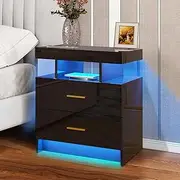 Smart Night Stand Bedside Table with LED Light & 2 Drawers Storage High Gloss Front Bedroom Organiser Black