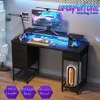 RGB LED Gaming Desk Power Outlets Removable Drawers Computer Workstation Black