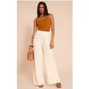 Cream Tailored Woven Pleat Detail Wide Leg Pants, Cream