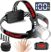 NAKCNM Head Torch with Motion Sensor LCD Display, Headlamp LED Rechargeable Headtorch Red Rear Light Super Bright 20000 Lumen 3 Modes Adjustable Focus Powerbank with Case for Fishing Hiking Camping