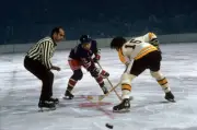 New York Rangers Bobby Rousseau in action, faceoff vs Boston - 1972 Old Photo