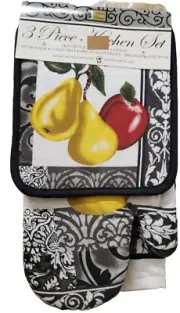 3pc Kitchen Set: 1 Potholder, 1 Oven Mitt & 1 Towel,2 PEARS & RED APPLE,black,BH