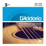 D'Addario EJ16-3D PhosphorBronze Acoustic Guitar Strings - 12-53, 3 Sets, Light