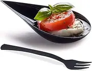 DLux 100 4-in Tear Drop Mini Appetizer Plates with Forks, Reusable Black Plastic Spoons - Desserts and Appetizers Dishes Serving Plate - Asian Spoon Set, Small Catering Dessert Tasting Cups