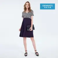 在飛比找momo購物網優惠-【Gennies 奇妮】極彈條紋拼接哺乳洋裝-藍(哺乳衣 短