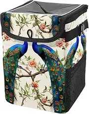 Car Trash Can with Lid and Storage Pockets Leak-Proof Organizer,Multipurpose Trash Bin for Car,Flower Plant Peacocks Butterflies