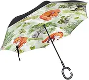 Double Layer Inverted Umbrella Cars Reverse Umbrella Fox Hare Watercolor Windproof UV Proof Travel Outdoor Umbrella