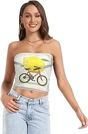 [RPLIFE] Sliced Lemon Trip Beige Crop Top Strapless Top, Trendy Crop Tops, Summer Crop Tops (S)