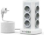 Power Strip with USB 12 Compartments, AOUOO Multiple Socket with Switch 4000 W 16 A, Surge Protection Socket Tower, 2 m Extension Cable for Home, Office, Kitchen, 2 m Cable, White