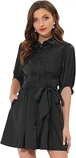 [Allegra K] Women's Elegant Half Sleeve Solid Pleated Waist Belted Button Down Shirt Dress