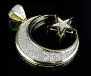 2.00Ct Round Cut Moissanite Crescent Moon & Star Pendant 14K Yellow Gold Plated