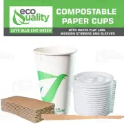16oz Compostable White Paper Cups w/ Flat White Lids Sleeves and Stirrers