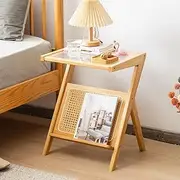 Giantex Boho End Table with Magazine Rack, Versatile Bamboo Side Table with Tempered Glass Top, Z-Shaped Couch Accent Table with Rattan Shelf for Living Room Bedroom (Natural)