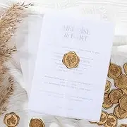 UNIQOOO 50 Sets Pre-Folded Vellum Jackets for 5x7 Invitation & Gold Eucalyptus Wax Seal Stickers, Wedding Invitations Wraps Bulk for Wedding Bridal Baby Shower Envelopes