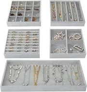 Fixwal Jewelry Organizers and Storage, 14in Stackable Jewelry Drawer Organizer, Set of 5 Jewelry Trays with Removable Dividers, Multi-Layer Tray for Earrings Necklaces Bracelets Watches, Grey