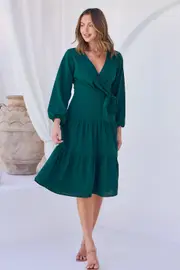 Keesha Emerald Cross Over Side Long Sleeve Tie Maxi Dress